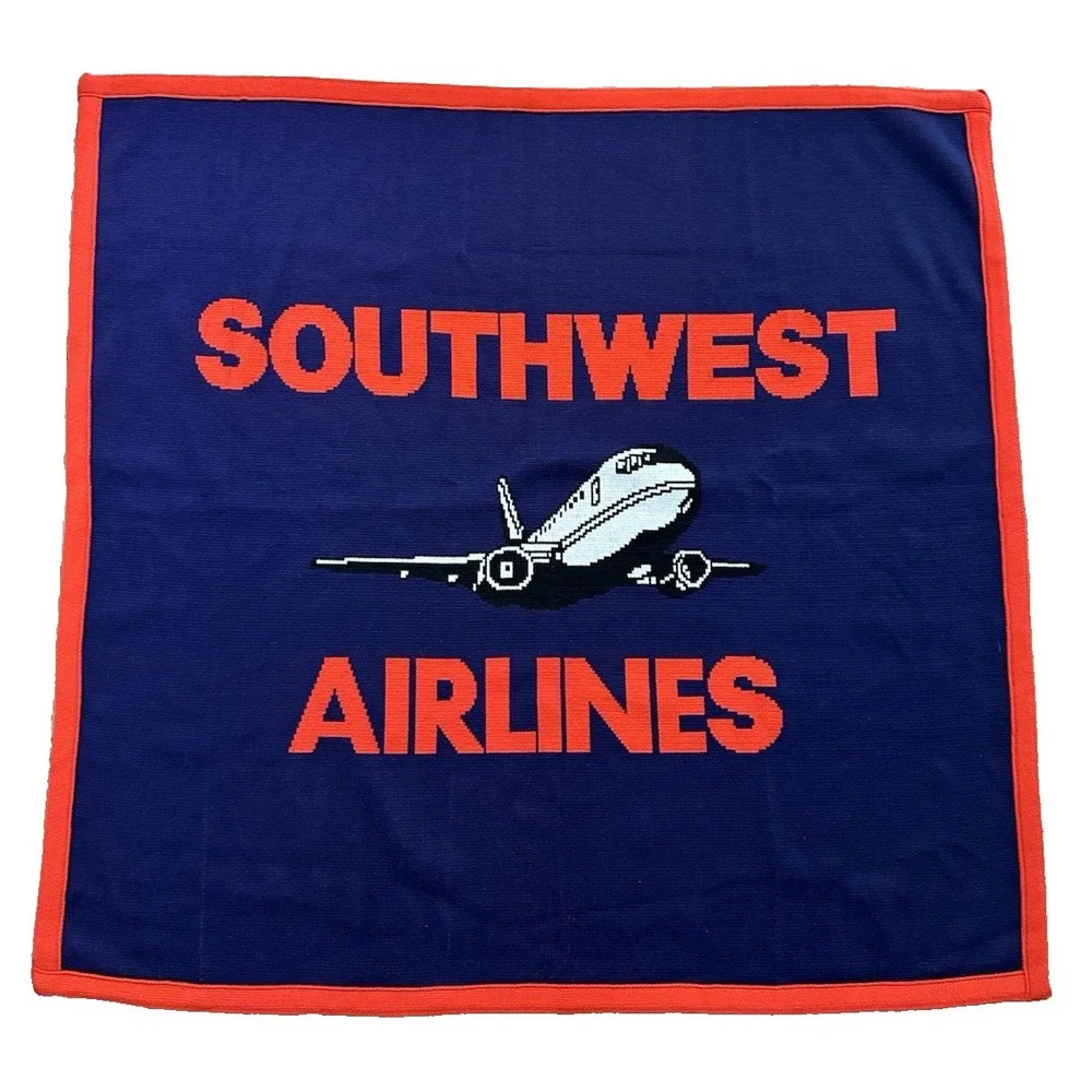 Southwest Airlines Blanket 100% Acrylic Vtg 80s USA Airplane Red Blue Logo Knits